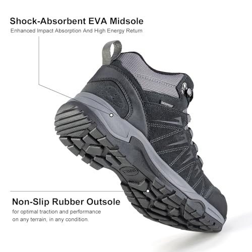 OUTJET Men's Waterproof Hiking Boots Lightweight Comfortable Leather Mid Ankle Outdoor Trekking Boot