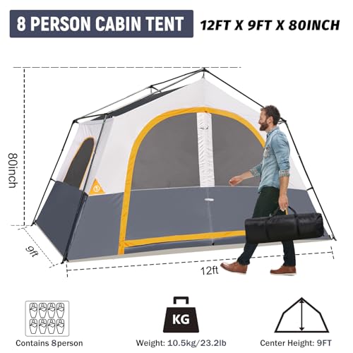 HIKERGARDEN 6-8 Person Camping Tent - Portable Family Cabin Tent for Camp, Windproof Fabric Camp Tent Outdoor for Hiking, ...