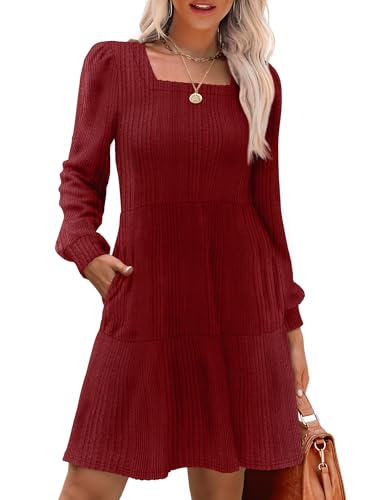 Sampeel Womens Square Neck Long Sleeve Fall Dresses Casual Babydoll Sweater Dress