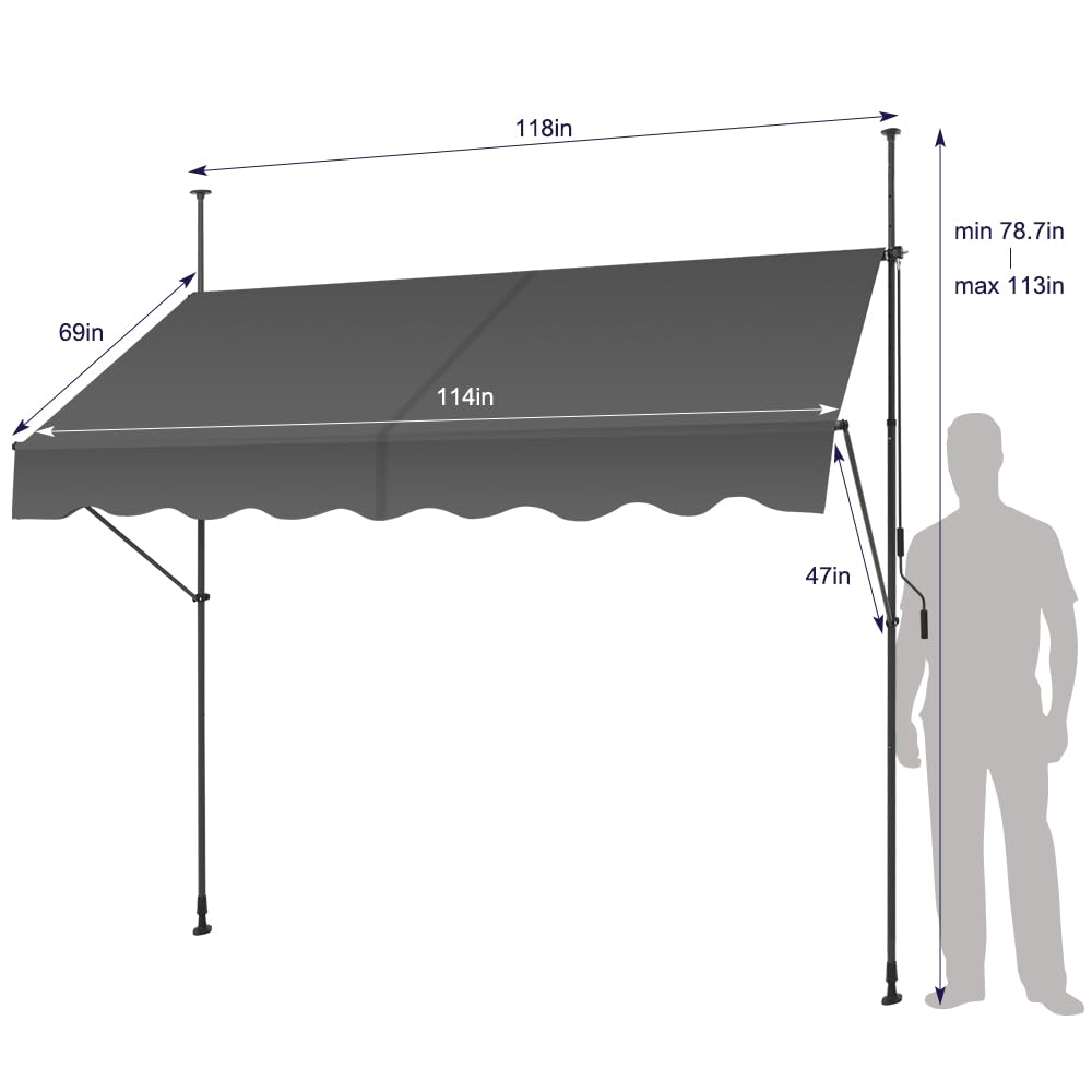 KELIXU Manual Retractable Awning, 118-Inch Adjustable Retractable Awnings for Patio Door Exterior Sunshade Shelter, Window Awning Canopy with UV Protection for Backyard, Garden, Balcony - Gray