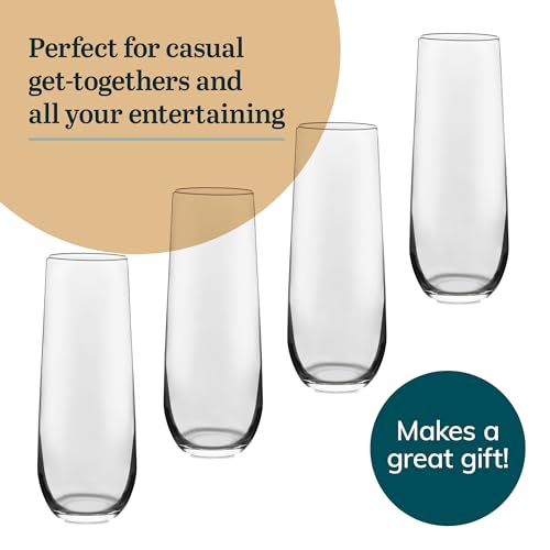 Libbey 228 Stemless Champagne Flutes Glass Set of 12, Elegant 8.5 Oz Flute Glasses for Champagne, Clear Fluted Glassware