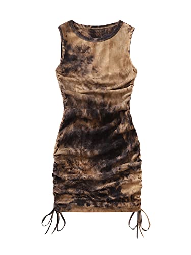 GORGLITTER Summer Dresses for Women 2025 Ruched Bodycon Dress Tie Dye Mini Dress Ribbed Knit Sleeveless Short Dresses