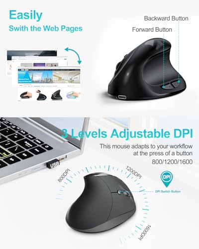 Lekvey Ergonomic Mouse, Vertical Wireless Mouse for Small/Medium Hands, Rechargeable with USB Receiver, 3 DPI for Comfort,...
