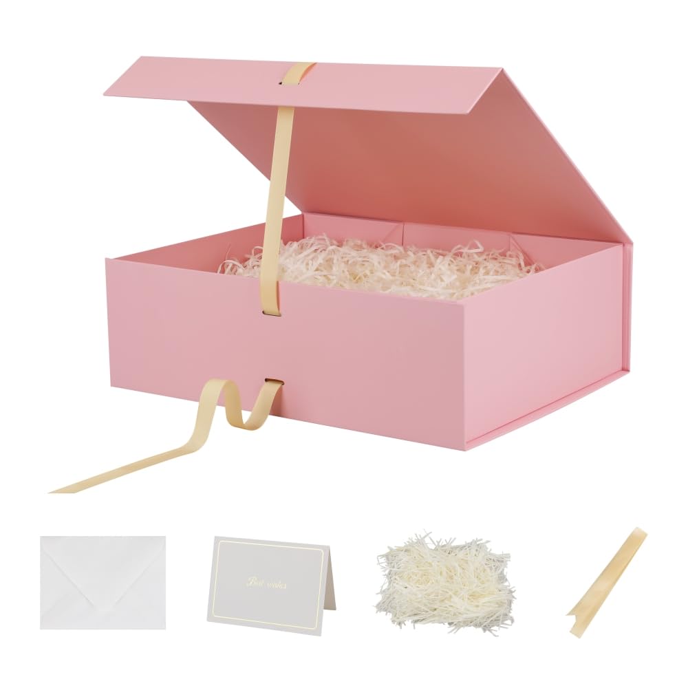 Skivra Large Pink Gift Box with Ribbon - 16.5x13x5.3 Inch Extra Large Collapsible Luxury Gift Box for Mother's Day with Magnetic Closure & Shredded Paper Filler