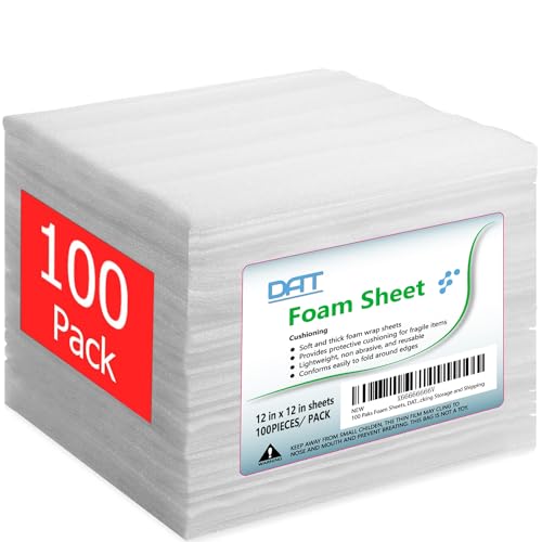 100 Pack Foam Sheets, DAT 12" x 12", 1/16" Thickness, Foam Wrap Cushioning Material, Moving Supplies for Packing Storage a...
