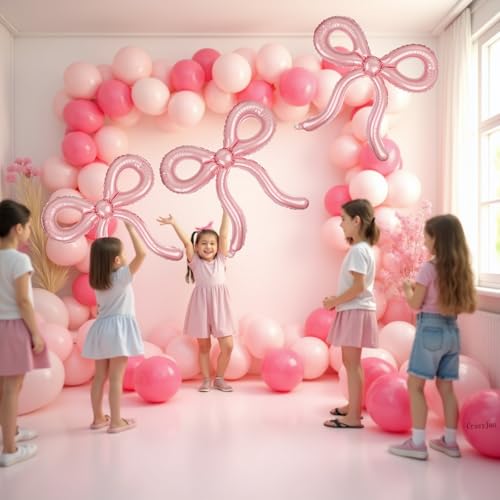 4 Pcs Pink Bow Balloons Bow Birthday Decorations for Girls Women Bow Theme Valentines Day Party Decorations for Bridal Sho...