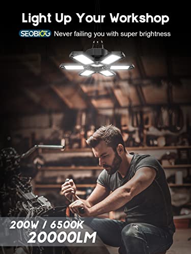 SEOBIOG 2 Pack Plug in Garage Light, Upgraded 200W 20000LM Linkable LED Shop Light, 6500K Ceiling Lights w/ 6 Deformable P...