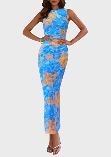 PRETTYGARDEN Womens Summer Wedding Guest Dress 2026 Spring Mesh Sleeveless Bodycon Ruched Floral Holiday Maxi Long Dresses