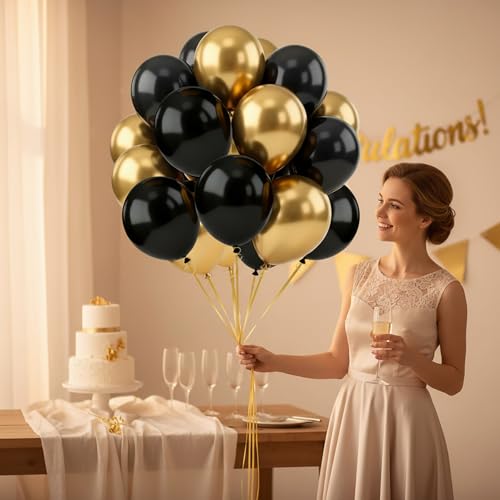 Black and Gold Balloons, 70pcs 12inch Metallic Gold and Black Balloons for Graduation Anniversary Birthday Party Decoration