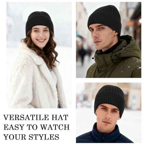 Winter Fleece Lined Beanie Hat for Men Women, Unisex Fashion Thermal Cuffed Knit Skullcap Warm Winter Hat