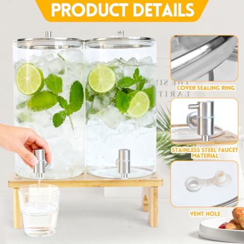2 Pack 1.5 Gallon Drink dispenser with Stand，Glass Beverage Dispenser With Wood Stand, 18/8 Stainless Steel Spigot and Lab...