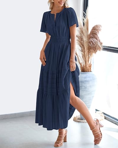 BTFBM Womens Summer 2025 Casual Midi Maxi Dresses Lightweight Short Sleeve V Neck Elastic Waist Boho Beach Dress Pockets