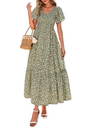 PRETTYGARDEN Boho Dresses for Women 2026 Summer Floral Short Sleeve V Neck Smocked Flowy Beach Vacation Maxi Dress