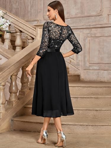 Miusol Women's Elegant V Neck Sequin Lace Sleeve Bridesmaid Party A-line Dress
