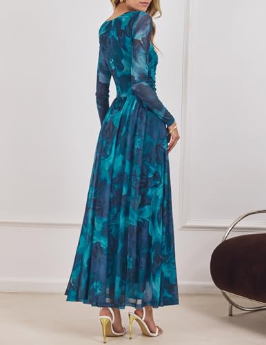 ZESICA Women's Maxi Dress 2026 Spring Long Sleeve Crewneck Floral Print Mesh Ruched Party Wedding Guest Dresses