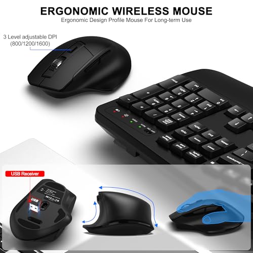 Wireless Keyboard and Mouse Combo, 2.4G Full Size Wave Keys Ergonomic Keyboard with Wrist Rest, Phone Holder, 3-Level DPI ...
