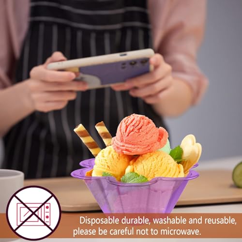 Vmiapxo 100 sets 8 oz Disposable Ice Cream Bowls and Spoons, Flower Shape Plastic Sundae Cups, Ice Cream Bar Supplies, Col...