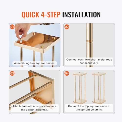 VEVOR 4PCS Gold Metal Column Wedding Flower Stand, 23.6inch /60cm High with Metal Laminate, Vase Geometric Centerpiece Sta...