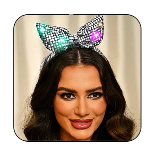 GENBREE Light Up Bow Headband Silver Led Disco Hair Band Glowing Rave Party Costume Hair Accessories for Women