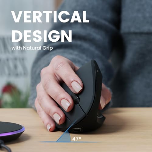 Perixx PERIMICE-713RX Wireless Rechargeable Vertical Mouse - Duo Wired and Wireless Charging Feature - Charging Pad Includ...