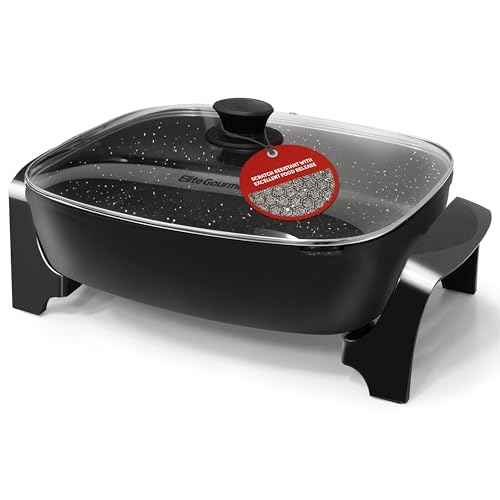 Elite Gourmet EG6203 Extra Deep 16"x13"x3.2" (10.5Qt.) Scratch Resistant, Easy Pour Spout, Dishwasher Safe, Non-stick Electric Skillet with Vented Glass Lid, Adjustable Temperature, Black