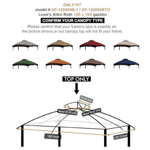 Eurmax USA High Performance Replacement Canopy Top for Lowe's Allen Roth Heavy Duty Gazebo Roof Gazebo Top with Air Vent 1...