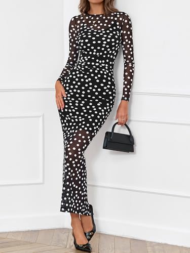 BTFBM Spring Dresses for Women 2026 2 Piece Set Long Sleeve Polka Dot Sexy Bodycon Mesh Dress and Slip Dress Wedding