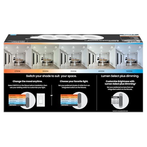 Feit Electric 4" Recessed LED Downlight, 75W Equivalent, Dimmable, Retrofit with E26 Adapter, 5CCT High Output, Light Switch Enabled, Lumen Select, 45-Year Lifetime, LEDR4HO/6WYCA/4, 4 Pack