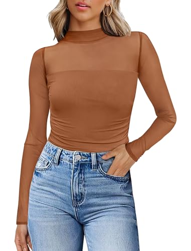 Womens Sexy Mesh Long Sleeve Shirts Fashion Clothing Turtle Necks Sheer Ruched Going Out Tops Fall Outfits Slim Fit Blouses