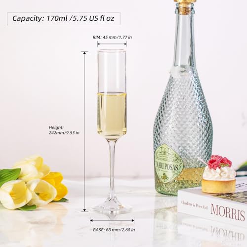 KAMMAK Champagne Flutes 5.7oz Champagne Glasses Set of 2, Elegant Wine Glass with Long Stem, Clear Champagne Glasses Gift ...