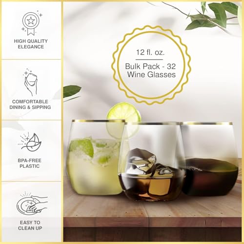 32 Pack Stemless Plastic Wine Glasses Disposable 12 Oz Silver Rim - Shatterproof Recyclable and BPA-Free, Stylish Drinkwar...