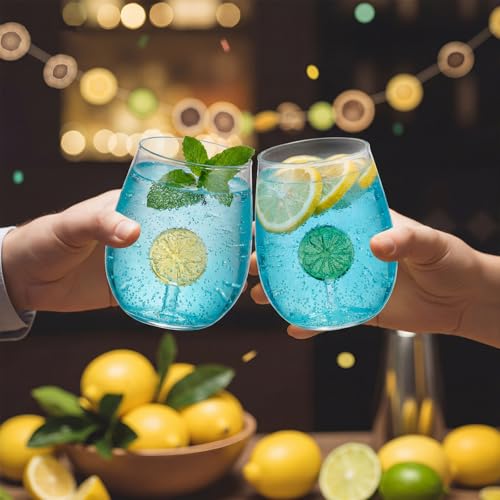Remerry 2 Pcs Lemon Wine Glasses 12oz Yellow Lemon Slice Stemless Wine Glasses with 3D Lime Slice Figurines Inside Icon Gl...
