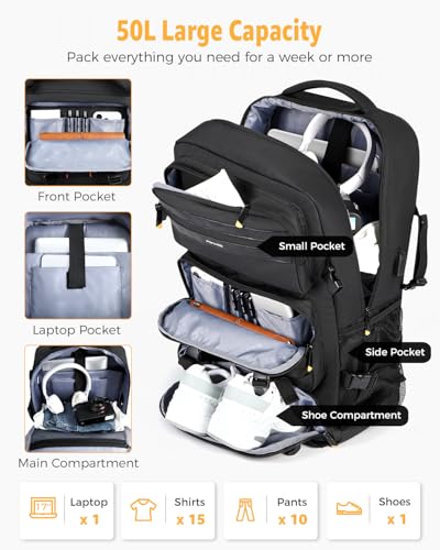 Ponhog Travel Backpack for Men, 50L Carry On Flight Approved Convertible Duffle Bag with Shoe Compartment, 17 inch Laptop ...