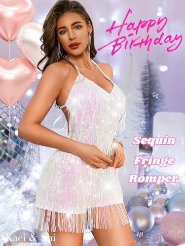 Kaei&Shi Sequin Fringe Romper,Sparkly Glitter Metallic Jumpsuits For Women,Backless Shorts Dress Disco Birthday Dance Outfit