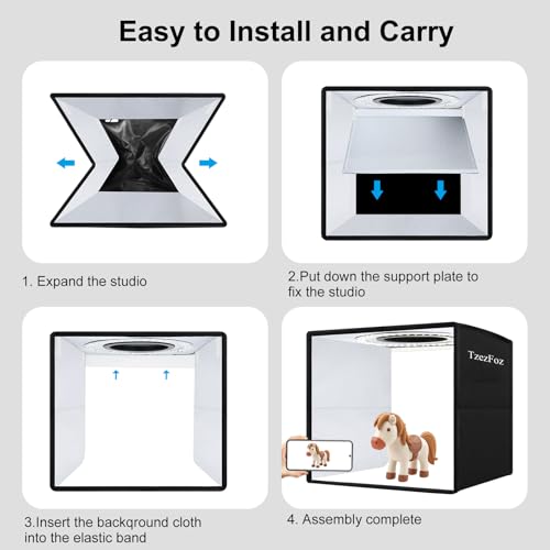 TzezFoz 16x16in Folding Portable Photo Lighting Studio with Ring Light, 224 LEDs 10-Level Dimmable USB Powered Shooting Te...
