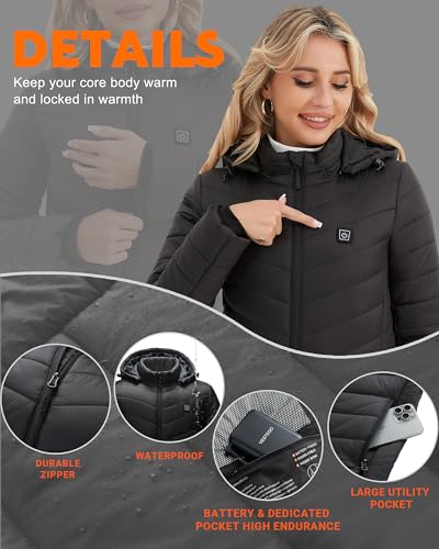Vestego Heated Jackets for Women, Heated Jacket with 12V 20000mAh Battery Pack, 6 Heating Zones, Black