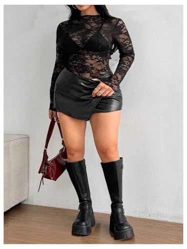 SHENHE Women's Plus Size Tops Lace Long Sleeve Mock Neck See Through Sheer Mesh Tee Shirt Tops