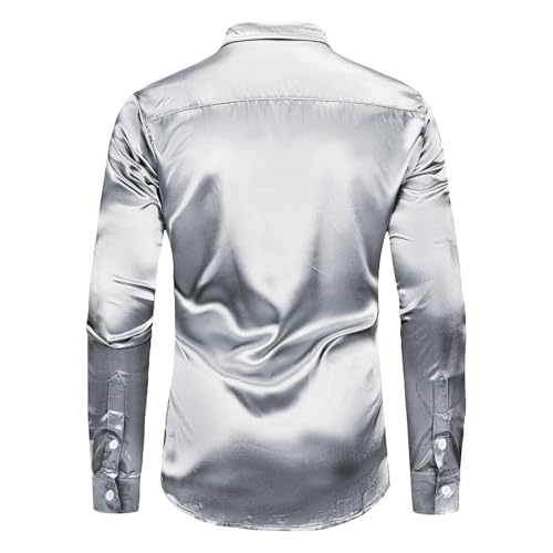 AOTORR Men's Luxury Shiny Silk Like Satin Button Up Dress Shirts Slim Fit Long Sleeve Nightclub Party Disco Prom Shirts