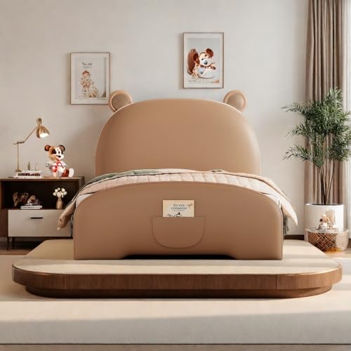 SOFTSEA Twin Size Upholstered Platform Bed with Bear-Shaped Headboard and Footboard, Twin Size Bed Frame with Wooden Slats Support, Brown+White