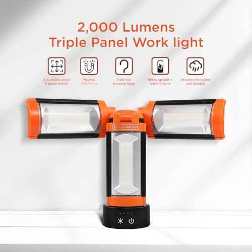 BLACK+DECKER Utility Light, Rechargeable 2000 Lumens LED 3 Panel Work Light with 6000mAh Battery Bank & Flashlight, 3 Light Colors, 4 SOS Modes, Dimmable, IP44 Water-Resistant, Magnetic & Hook Mount