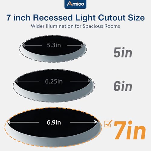 Amico 6 Pack 7 Inch 5CCT Ultra-Thin LED Canless Recessed Ceiling Light with Junction Box, 2700K/3000K/3500K/4000K/5000K Se...