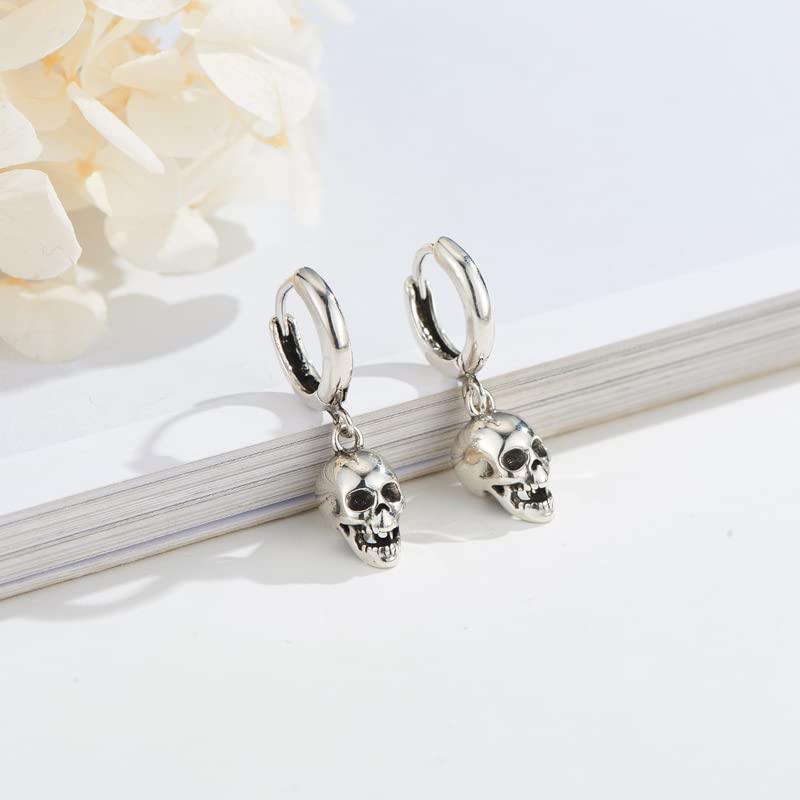 Punk Gothic Skull Dangle Hoop Earrings For Men, Women Silver Plated with Skeleton Head Drop Hoops Earrings Unisex Halloween Jewelry(A)