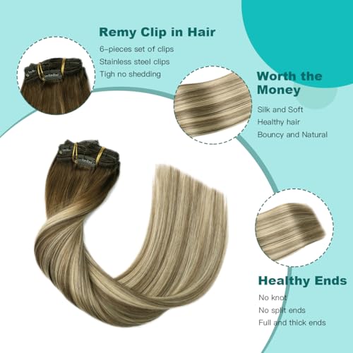 SURNEL Clip in Extensions Real Human Hair Balayage Clip in Hair Extensions 16 Inch 6pcs 100g Walnut Brown to Ash Brown and Golden Blonde Human Hair Extensions Clip ins (#3/8/22,16'')