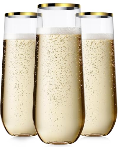 Maaacute 24 Pcak Champagne Flutes Plastic, 9 Oz Disposable Stemless Mimosa Gold Rim Toasting Glasses, Clear Crystal Plasti...