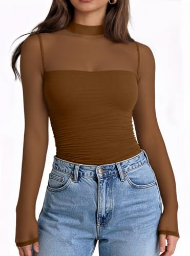 LILLUSORY Womens Long Sleeve Tops Mock Neck See Through Lace Shirts Sheer Going Out Sexy 2026 Fall Fashion Outfits