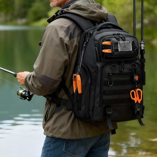 BAIXIXIG 50L Fishing Tackle Backpack with Removable Lure Wraps,Include (4) 3600 Tackle Boxes, 2 Rod Holders Storage Fishin...
