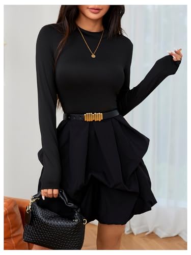 MakeMeChic Women's Long Sleeve Mini Dress Ruffle Mock Turtle Neck A Line Wedding Party Short Dresses
