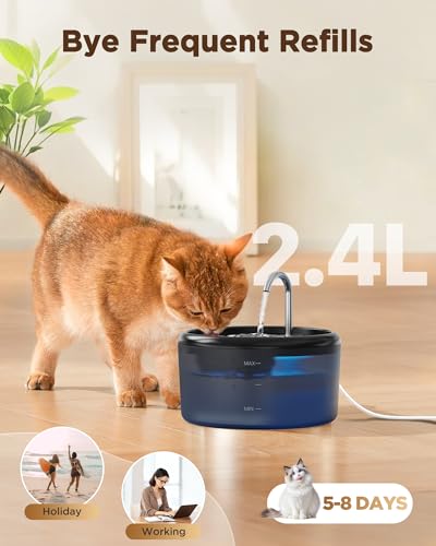 Cat Water Fountain for Cats Indoor: 80oz/2.4L Cat Fountains for Drinking - Quiet Pet Watering Bowls for Cats Inside - Blac...