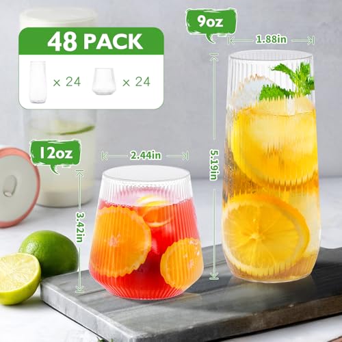 mwellewm 48 Pcs Plastic Wine Glasses Disposable Ribbed Cocktail Cups Set 9 OZ Stemless Champagne Flutes 12 OZ Origami Shat...