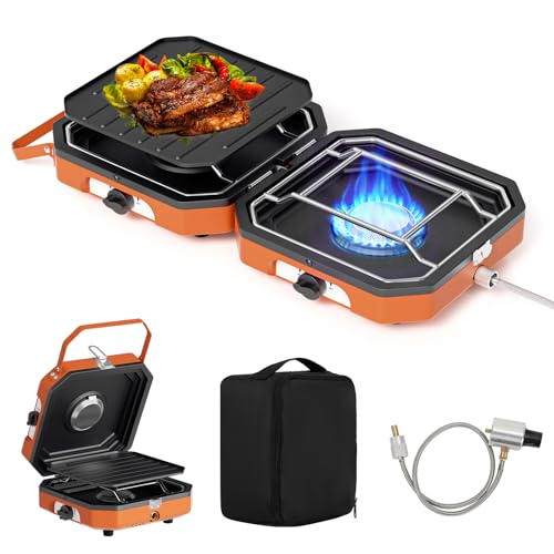 Kirumie Adjustable 2 Burner Popane Stove with 16000 BTU, Flameout Protection, with Camping Grill and Carrying Bag, Portabl...